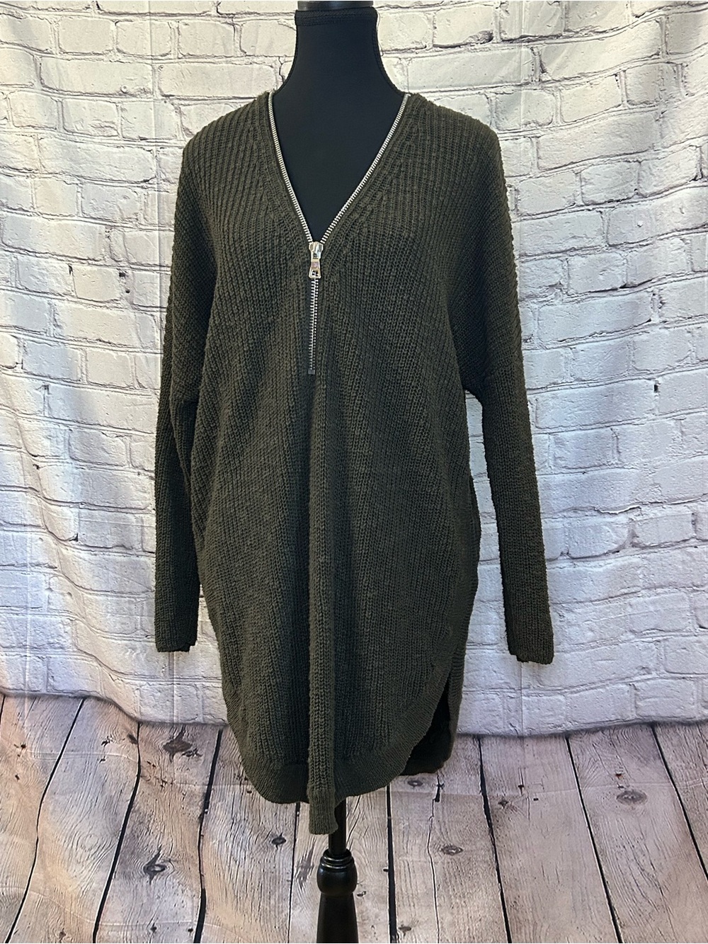Express Olive V-Neck Zip Knit Sweater